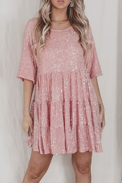 Elegante vestido de lentejuelas lisas con cuello redondo y manga corta (4 colores)