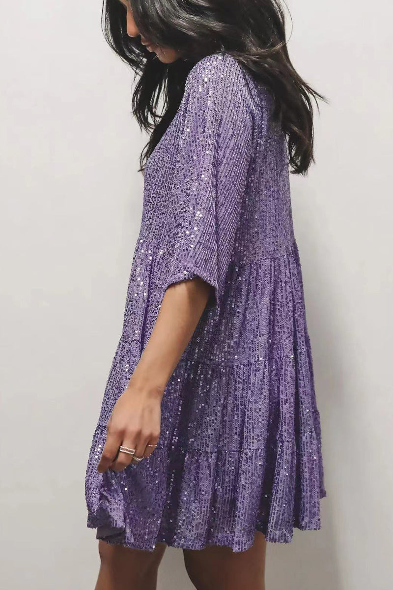 Elegante vestido de lentejuelas lisas con cuello redondo y manga corta (4 colores)