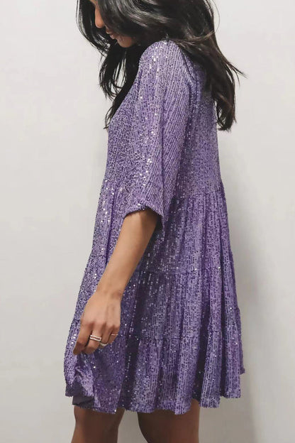 Elegante vestido de lentejuelas lisas con cuello redondo y manga corta (4 colores)