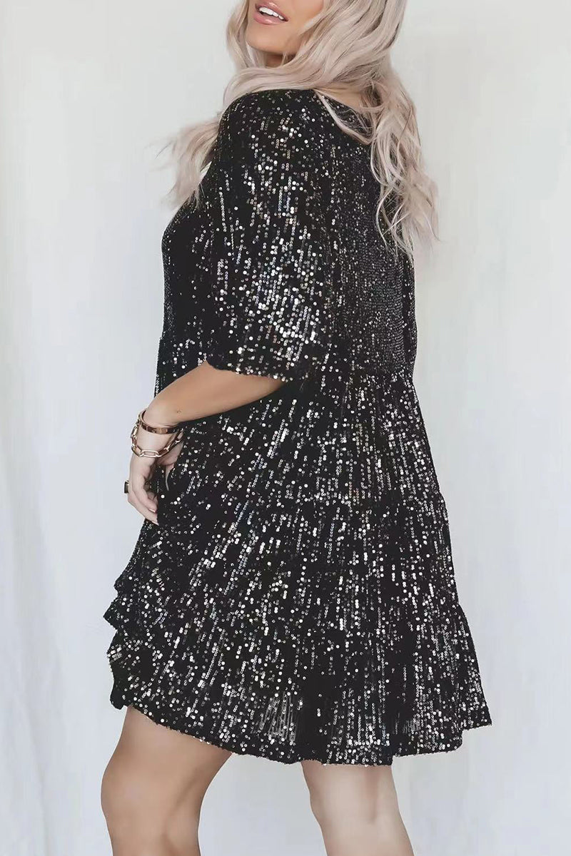 Elegante vestido de lentejuelas lisas con cuello redondo y manga corta (4 colores)