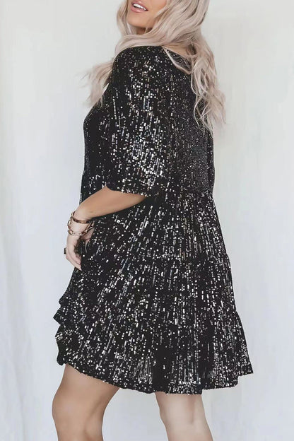 Elegante vestido de lentejuelas lisas con cuello redondo y manga corta (4 colores)