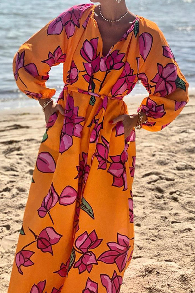 Elegante vestido de fiesta con escote en V, bolsillos florales y contraste