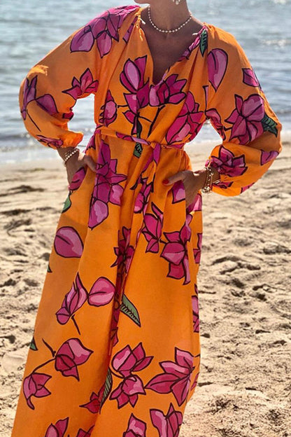 Elegante vestido de fiesta con escote en V, bolsillos florales y contraste