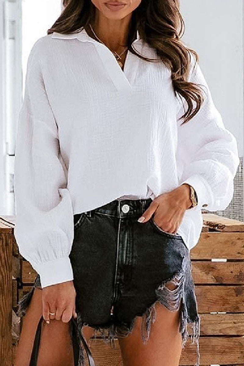 Blusas casuales elegantes de patchwork liso con cuello vuelto (6 colores)