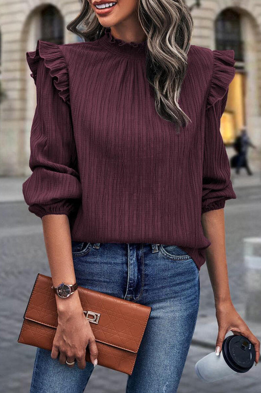 Blusa elegante de cuello mandarín con orillo liso y fibra (3 colores)