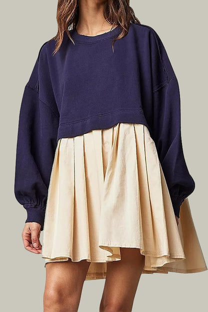 Vestidos casuales plisados con cuello redondo y diseño de patchwork liso en contraste (6 colores)