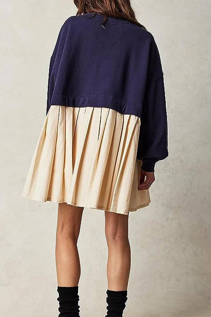 Vestidos casuales plisados con cuello redondo y diseño de patchwork liso en contraste (6 colores)