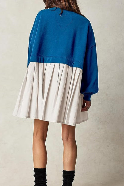 Vestidos casuales plisados con cuello redondo y diseño de patchwork liso en contraste (6 colores)