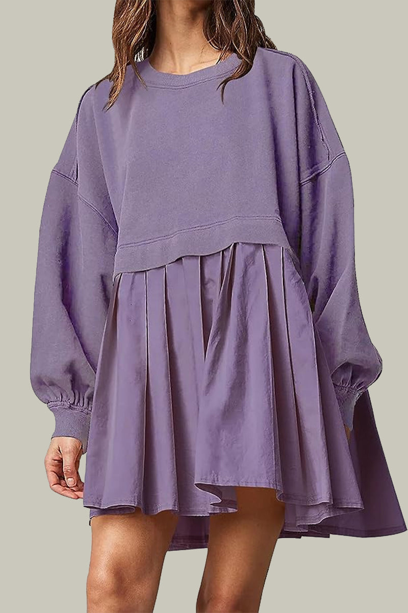 Vestidos casuales plisados con cuello redondo y diseño de patchwork liso en contraste (6 colores)