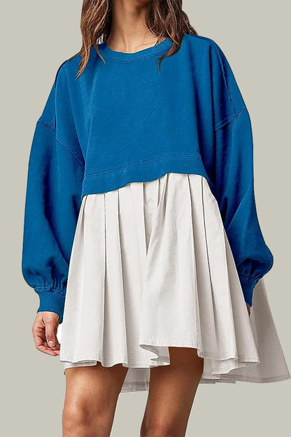 Vestidos casuales plisados con cuello redondo y diseño de patchwork liso en contraste (6 colores)