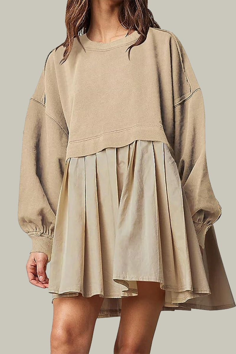 Vestidos casuales plisados con cuello redondo y diseño de patchwork liso en contraste (6 colores)