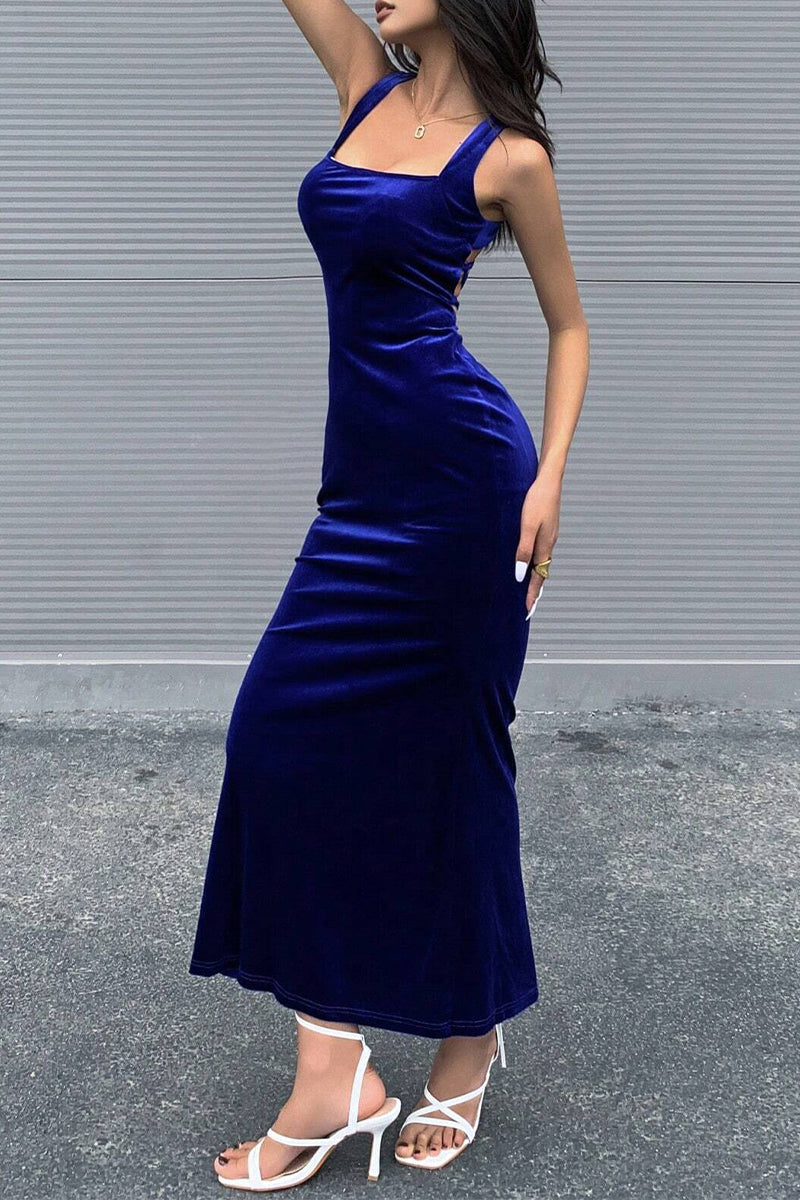 Elegante vestido de sirena trompeta con cuello cuadrado y espalda descubierta, liso
