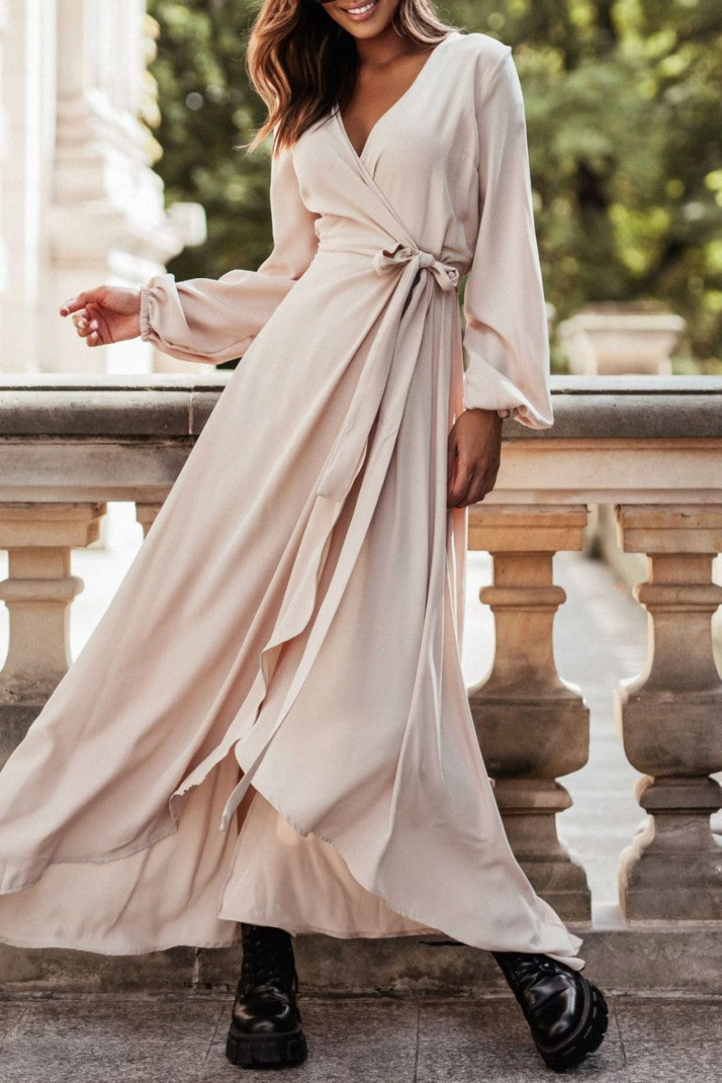 Casual Solid Frenulum Slit V Neck Long Sleeve Dresses(5 Colors)