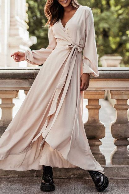 Casual Solid Frenulum Slit V Neck Long Sleeve Dresses(5 Colors)