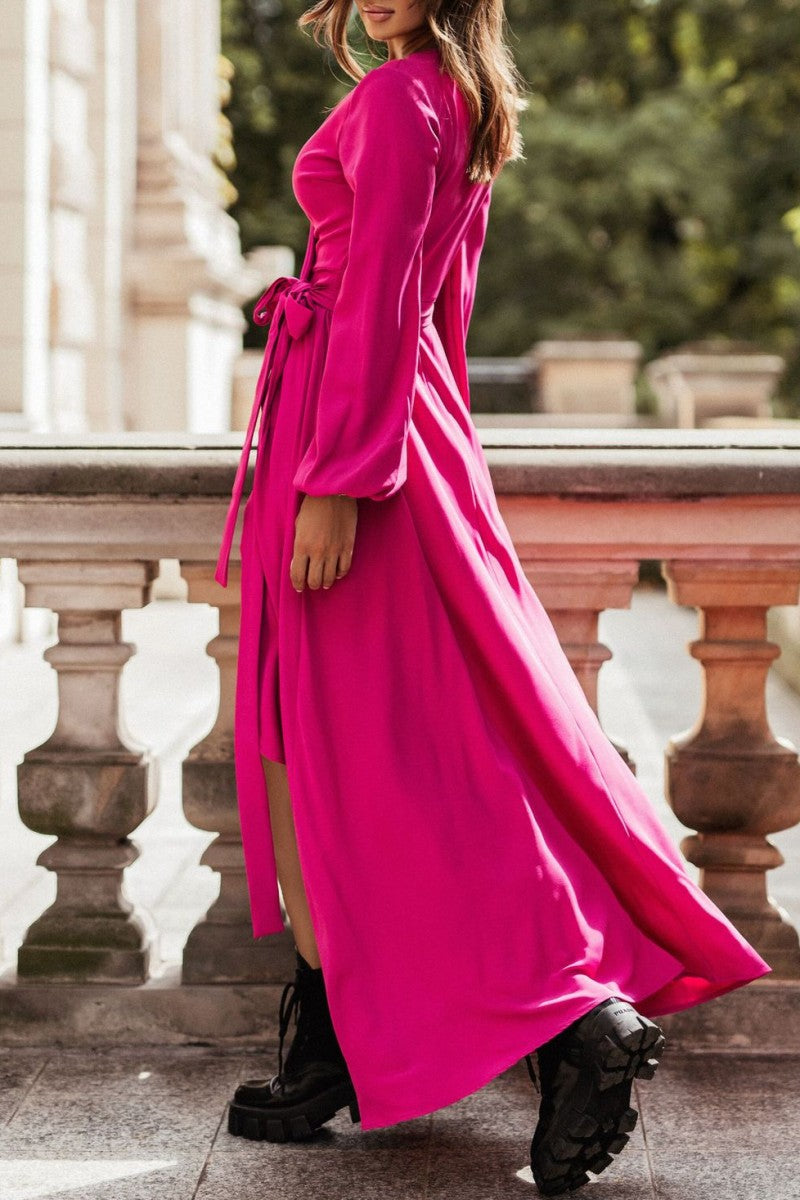 Casual Solid Frenulum Slit V Neck Long Sleeve Dresses(5 Colors)