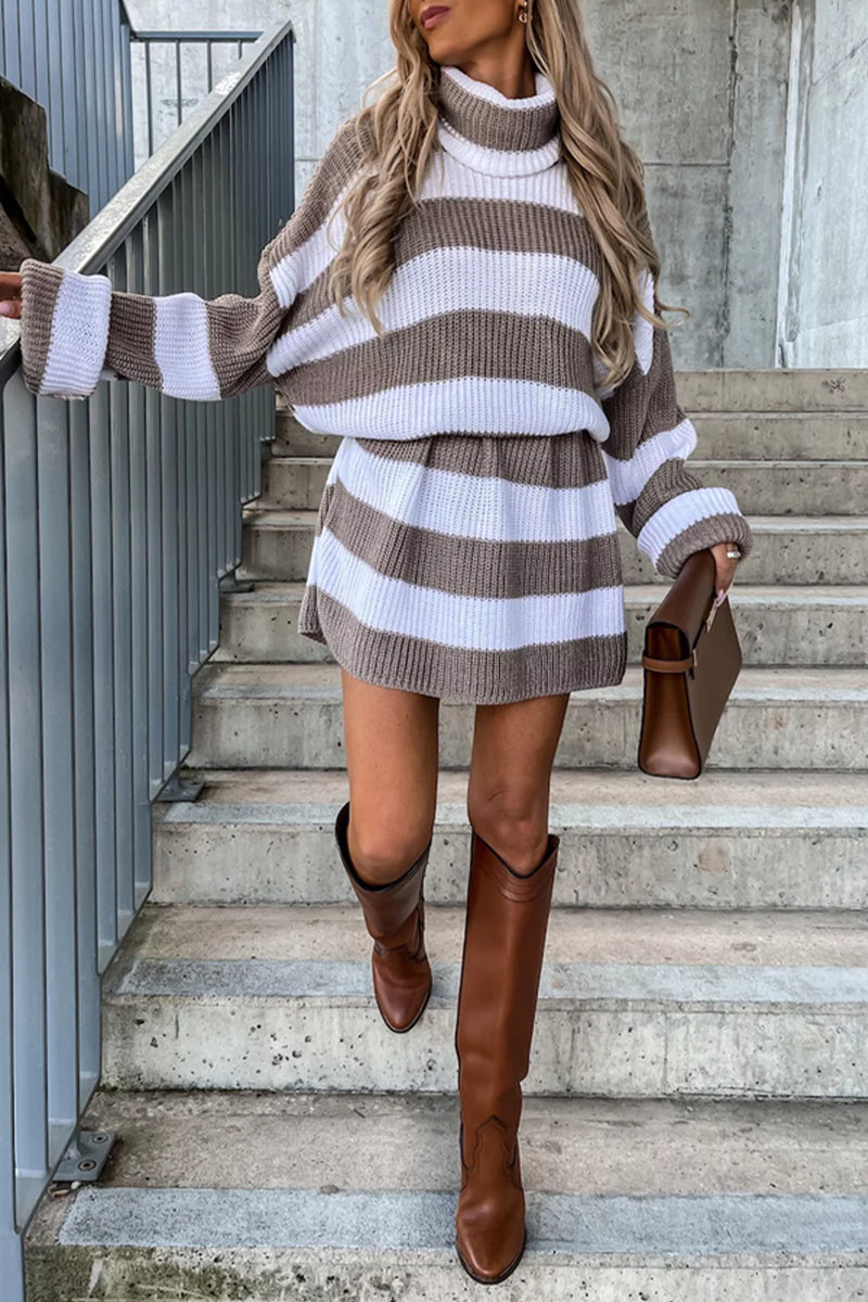 Vestidos casuales de manga larga con cuello alto y patchwork a rayas