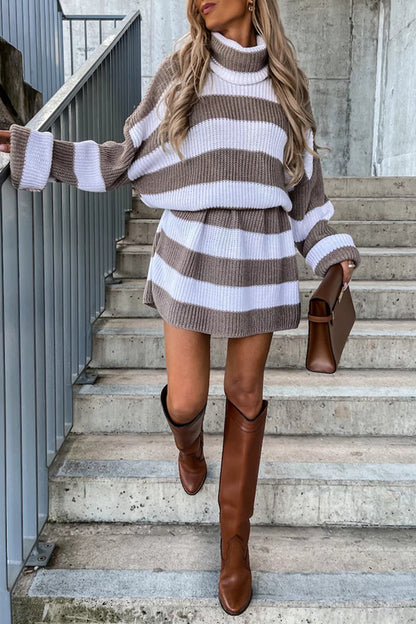 Vestidos casuales de manga larga con cuello alto y patchwork a rayas