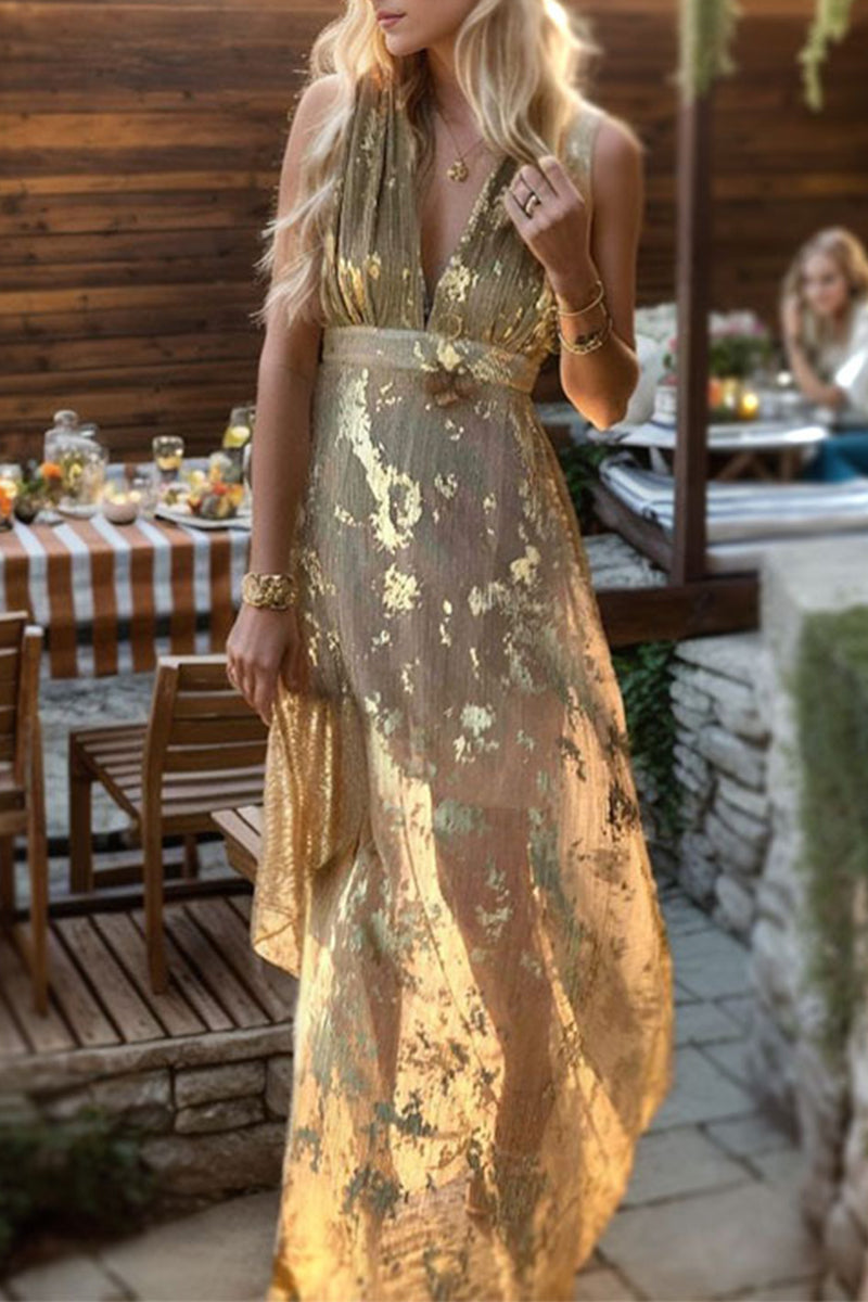 Vestidos de noche sexis con cuello en V y patchwork color bronce