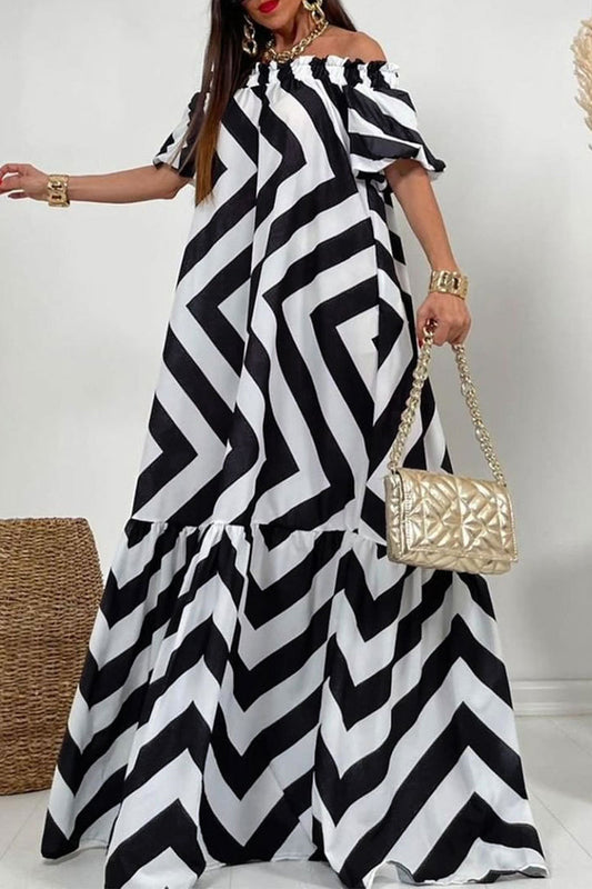 Vestidos casuales estampados con hombros descubiertos y rayas en contraste
