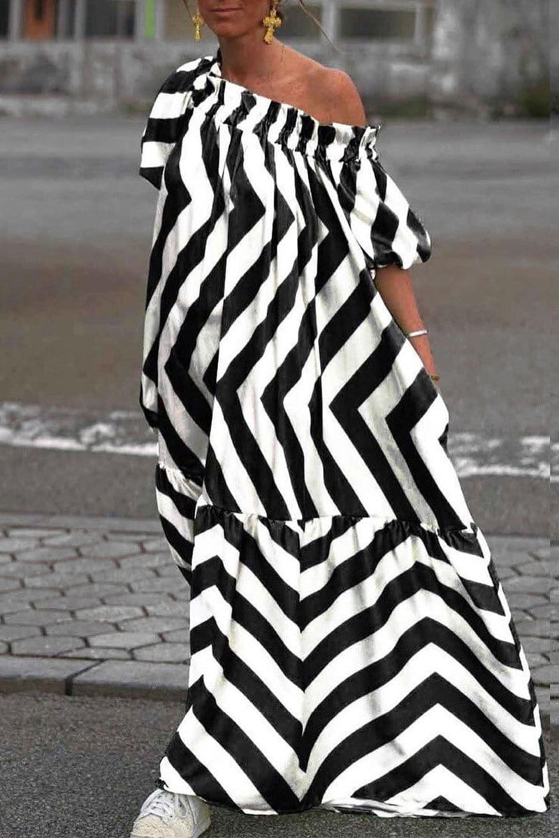 Vestidos casuales estampados con hombros descubiertos y rayas en contraste