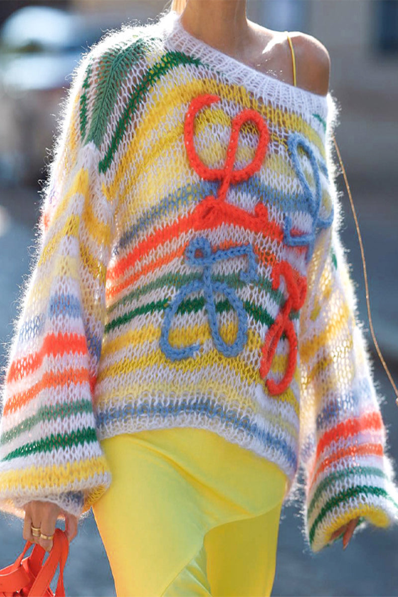 Tops casuales de cuello redondo con patchwork y rayas