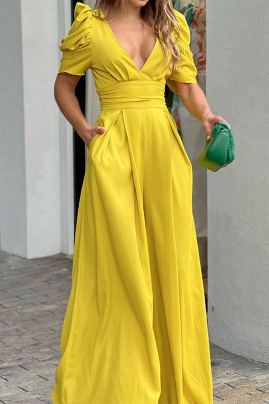 Mono holgado elegante con cuello en V, bolsillos y pliegues (6 colores)