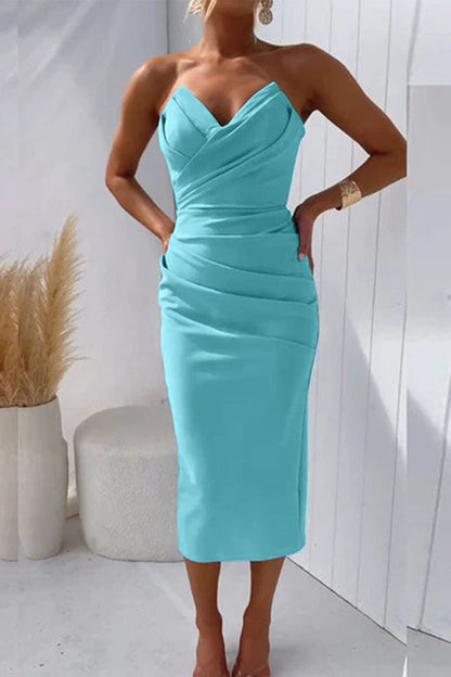 Vestidos de noche sexys, formales, lisos, con escote en V y pliegues (8 colores)