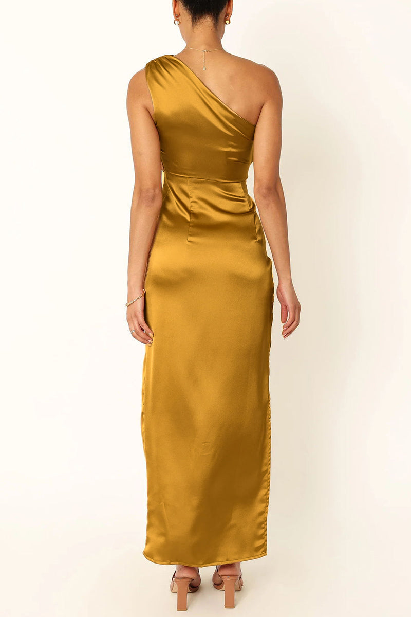 Vestido irregular sexy formal con abertura sólida y pliegues de cuello oblicuo.