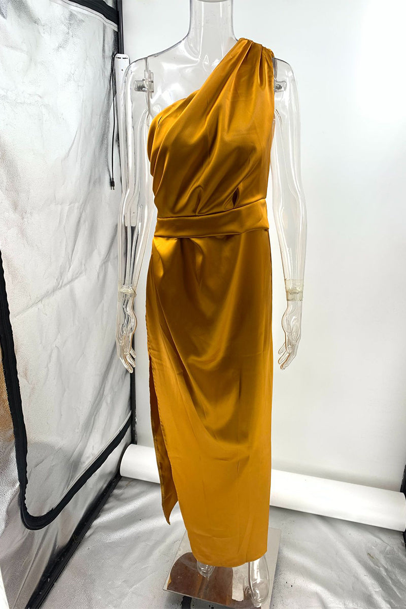 Vestido irregular sexy formal con abertura sólida y pliegues de cuello oblicuo.