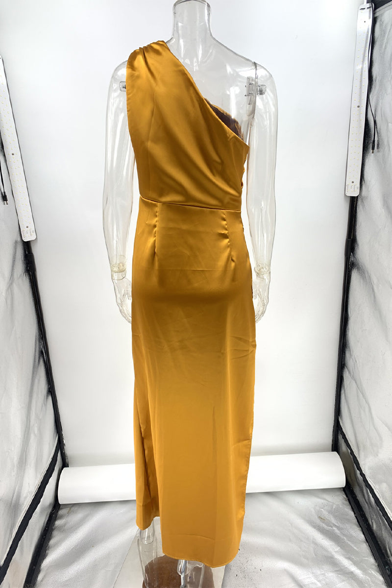 Vestido irregular sexy formal con abertura sólida y pliegues de cuello oblicuo.