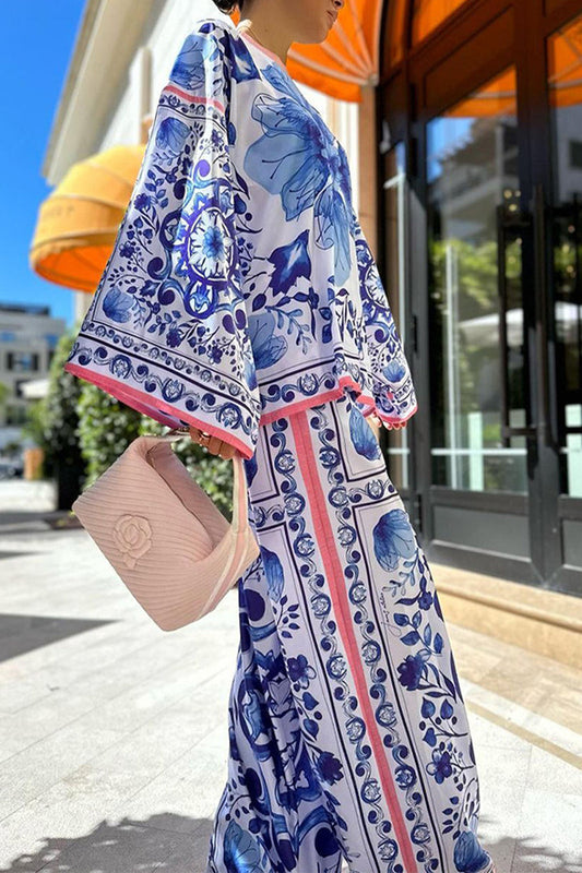 Conjunto de dos piezas con cuello redondo, manga larga y diseño bohemio de patchwork floral universitario