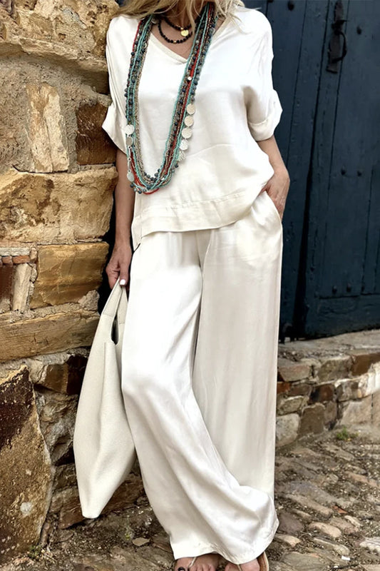 Conjunto informal sencillo de dos piezas con cuello en V, manga corta y bolsillos lisos (3 colores)