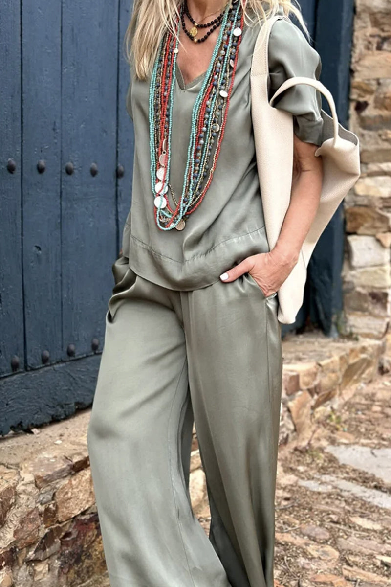 Conjunto informal sencillo de dos piezas con cuello en V, manga corta y bolsillos lisos (3 colores)