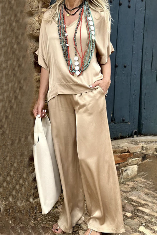 Conjunto informal sencillo de dos piezas con cuello en V, manga corta y bolsillos lisos (3 colores)