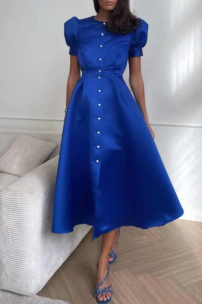 Vestido elegante de manga corta con cuello redondo y hebilla sólida (5 colores)