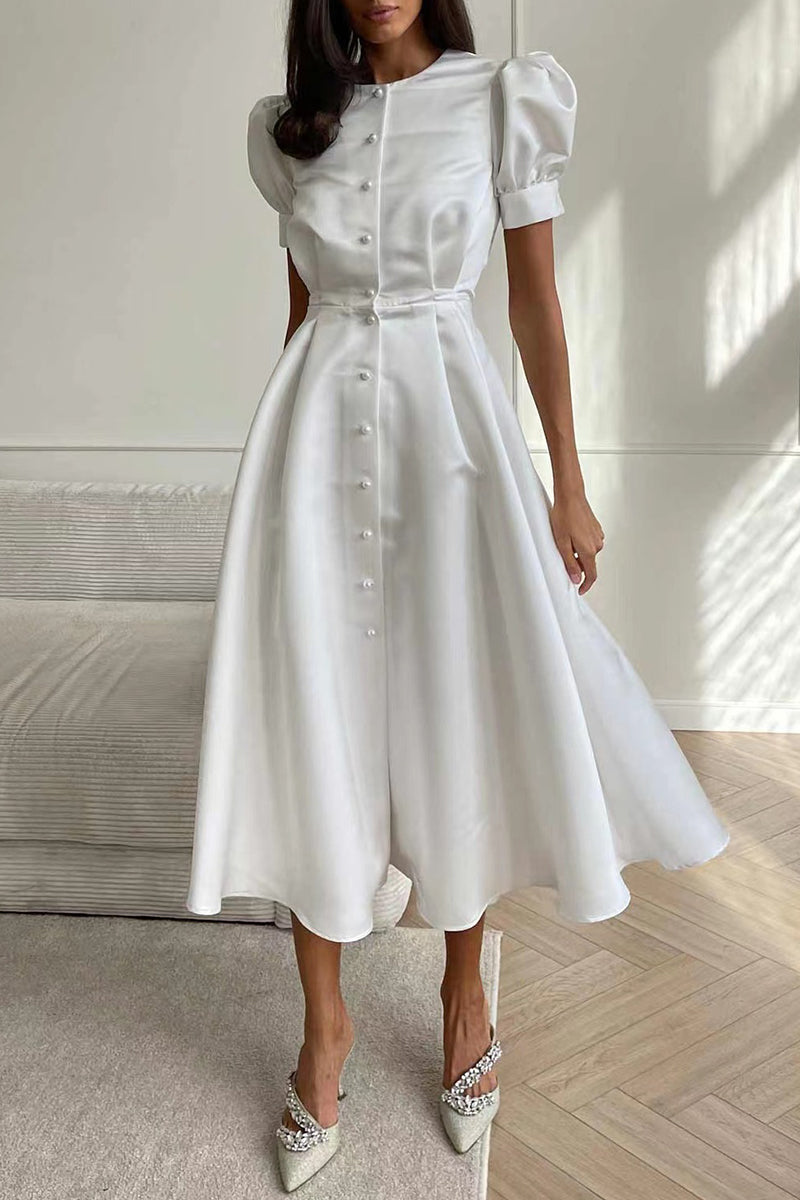 Vestido elegante de manga corta con cuello redondo y hebilla sólida (5 colores)