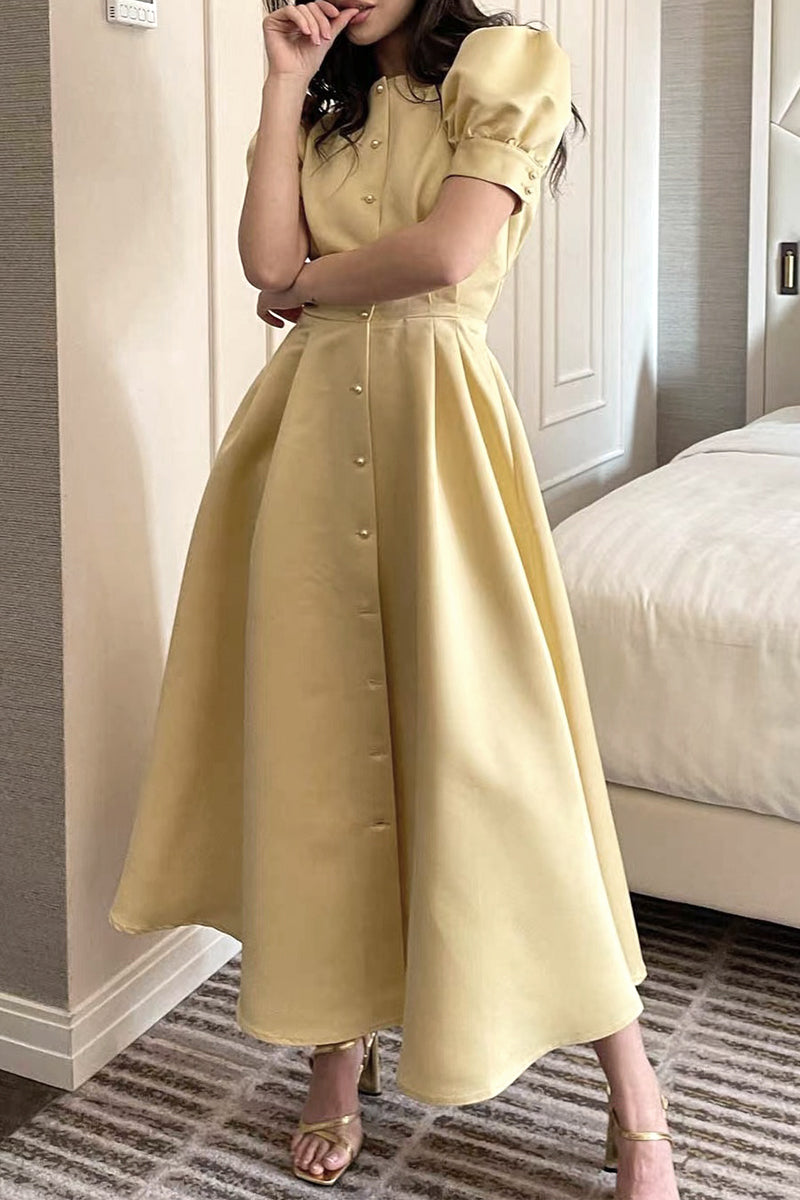 Vestido elegante de manga corta con cuello redondo y hebilla sólida (5 colores)