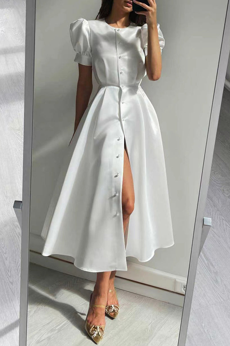 Vestido elegante de manga corta con cuello redondo y hebilla sólida (5 colores)