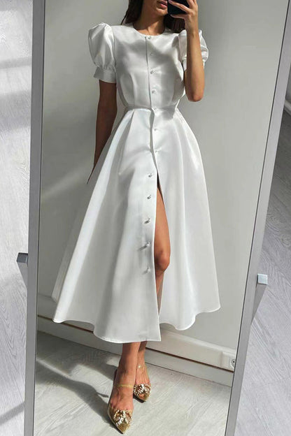 Vestido elegante de manga corta con cuello redondo y hebilla sólida (5 colores)