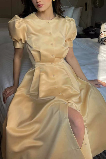 Vestido elegante de manga corta con cuello redondo y hebilla sólida (5 colores)