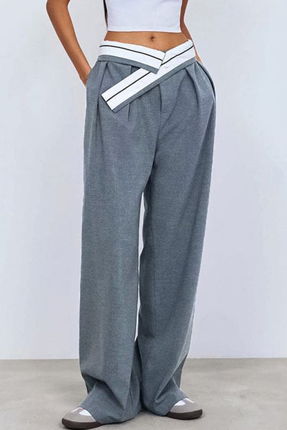 Pantalones casuales de calle con parches sólidos, bolsillos, sueltos, cintura baja, pierna ancha, color sólido
