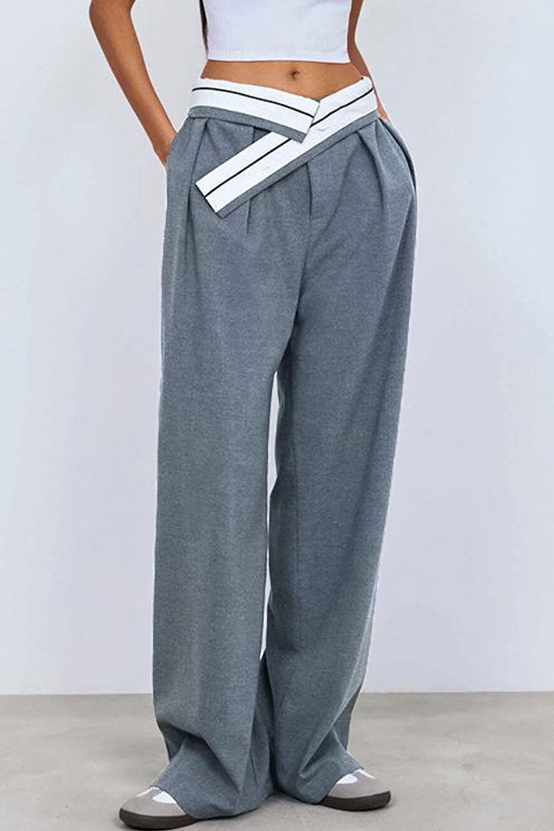 Pantalones casuales de calle con parches sólidos, bolsillos, sueltos, cintura baja, pierna ancha, color sólido