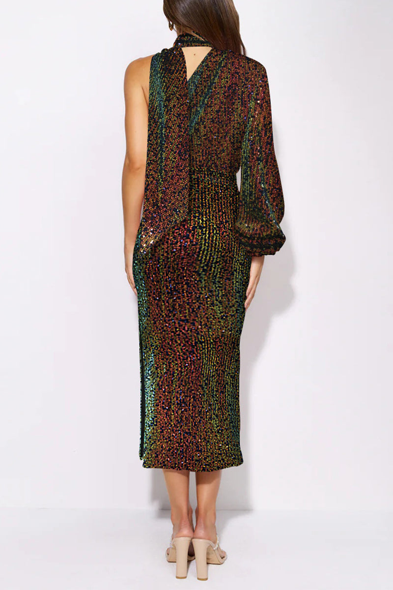Elegante vestido de noche formal con lentejuelas lisas y abertura tipo halter (6 colores)