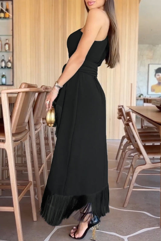 Vestidos de noche elegantes de celebridades con borlas sólidas, volantes y cuello oblicuo.