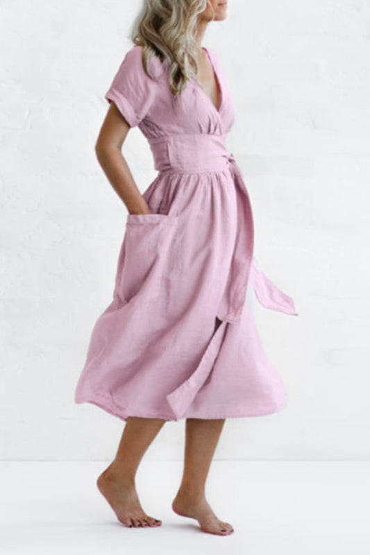 Vestido informal de manga corta con escote en V, bolsillos y vendaje liso (4 colores)