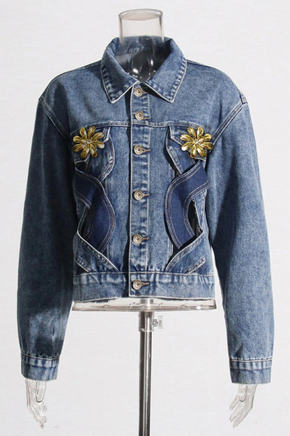Chaqueta vaquera informal de manga larga con botones y cuello vuelto (sujeta al modelo real)
