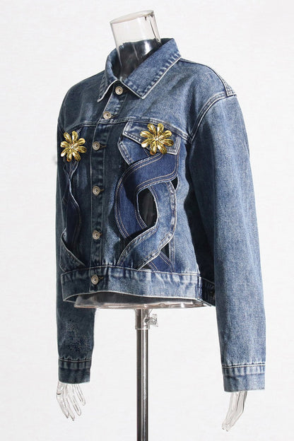 Chaqueta vaquera informal de manga larga con botones y cuello vuelto (sujeta al modelo real)