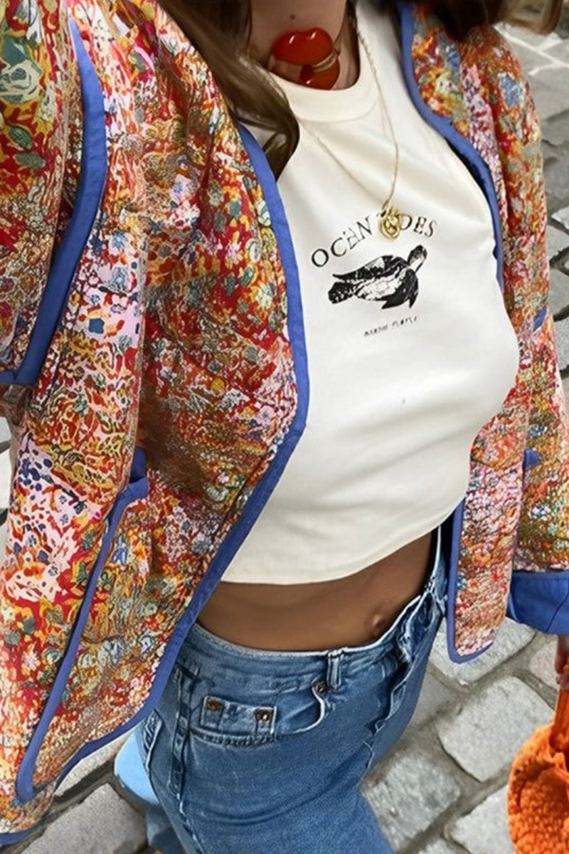 Prendas de abrigo con cuello mandarín, patchwork floral, estilo británico urbano