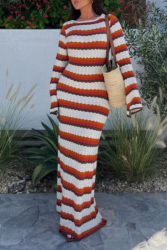 Vestidos casuales de vacaciones con rayas en contraste, cuello redondo y manga larga