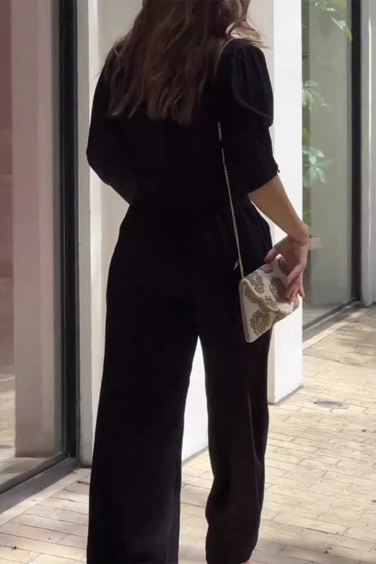 Conjunto informal de dos piezas de manga larga con cuello vuelto y bolsillos lisos para calle